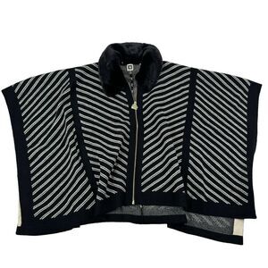 NWOT Anne Klein Black Striped Poncho Zip Front Detachable Faux Fur Collar Sz L